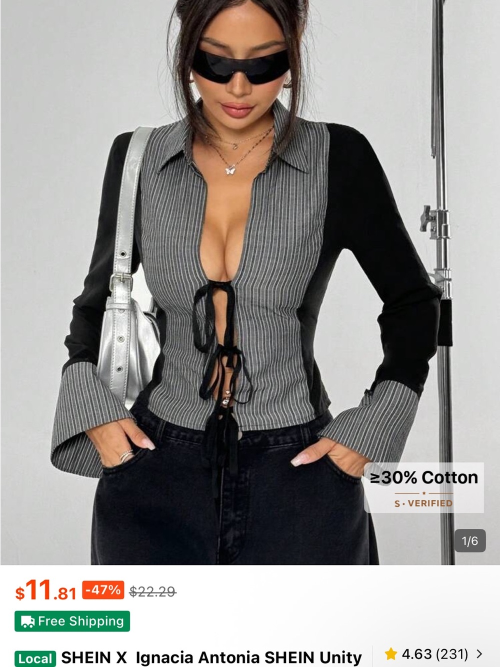 Striped Tie-Front Long Sleeve Top in Black and Gray